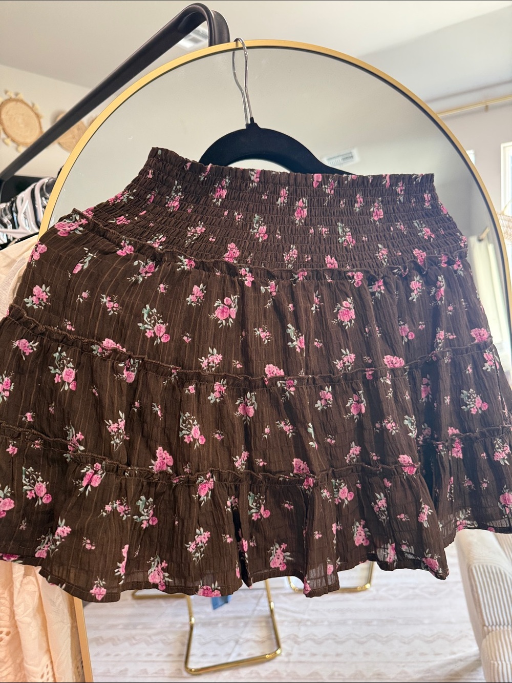 Brown Floral Smocked Tiered Mini Skort - Pink Flower Print